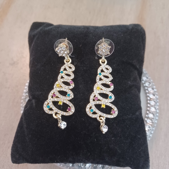 Gold Rhinestone Christmas Tree Star Drop Stud Earrings - Picture 5 of 7